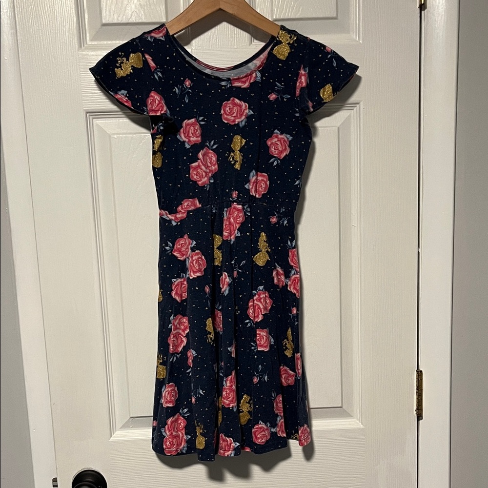 Disney Navy Dress with Pink Rose Print and Gold Accents